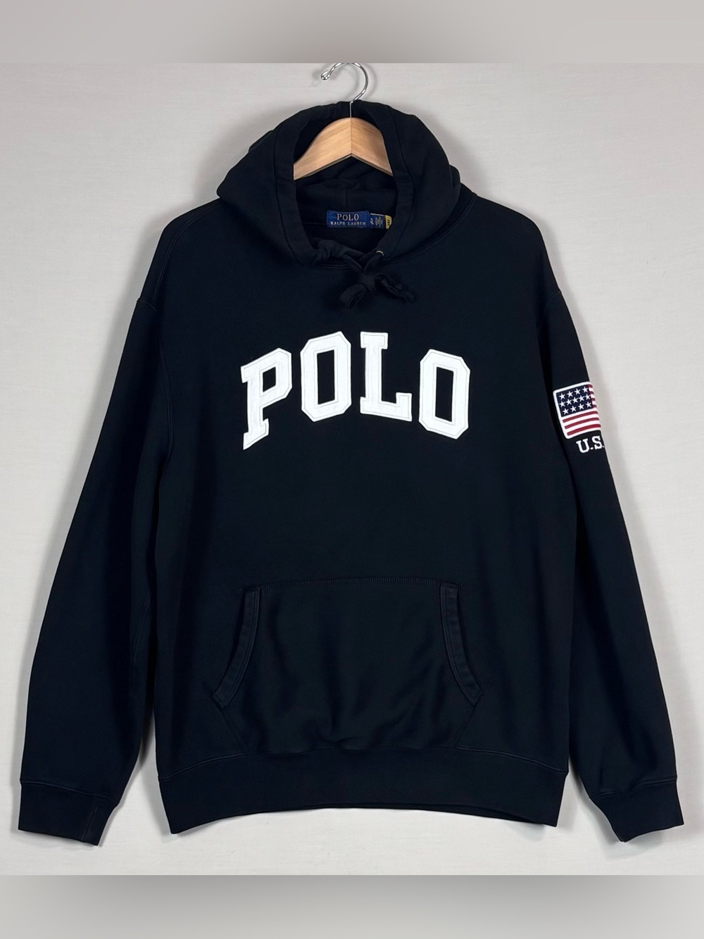 Polo Ralph Lauren USA Flag Patch Hoodie Black POLO Spell Out XL - Picture 1 of 6